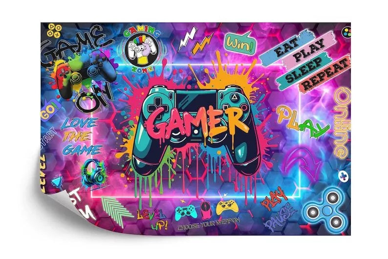 Kids room gaming decor wallpaper with video game inspired design
