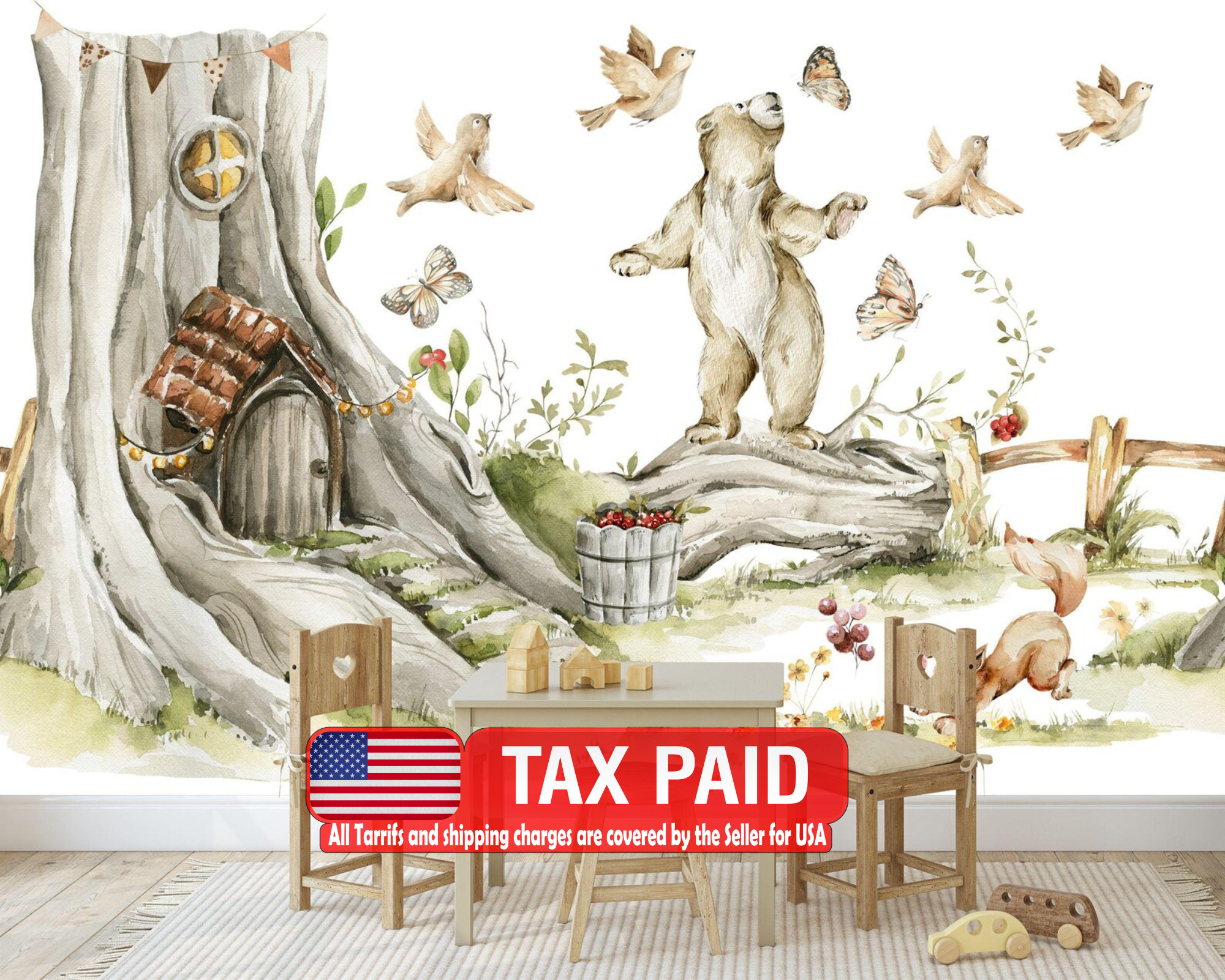 Watercolor Forest Animals Nursery Mural Gift