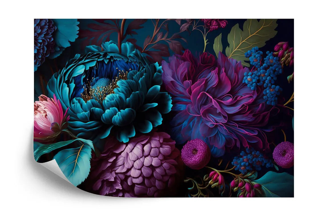 Baroque peonies wall mural in rich deep colors for sophisticated home decor