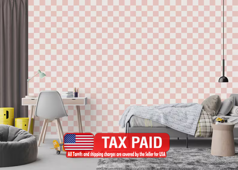 Blush pink and off white checkered wallpaper pattern close-up view