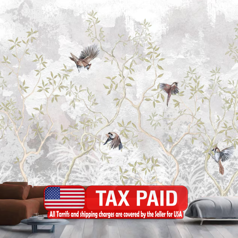 Illustration Wisteria Branches Flowers, Flying Birds Gift