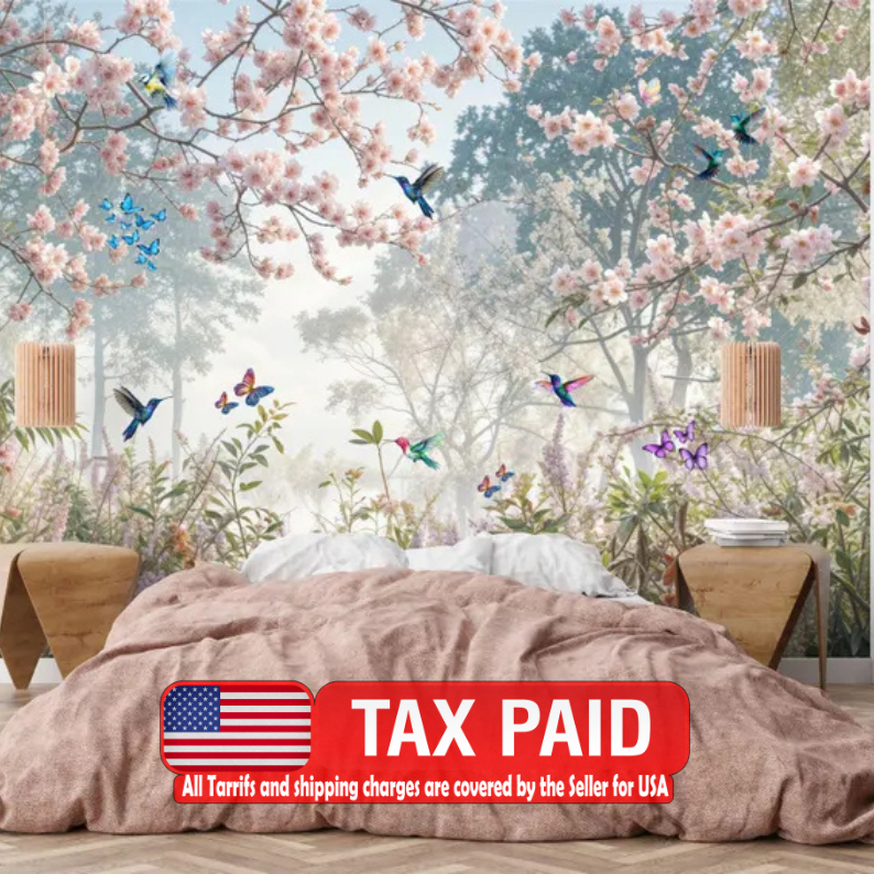 Meadow Garden Wallpaper Mural: Flowers, Birds