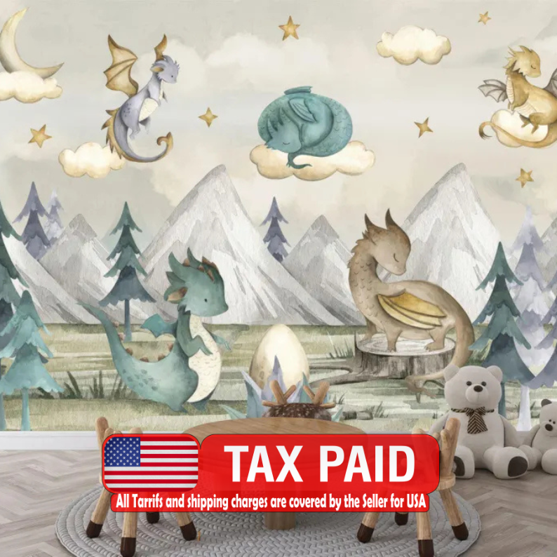 Watercolor Dragons Wallpaper Mural, Kids Nursery Decor