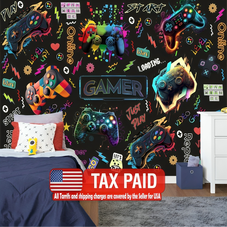Gaming-themed wall mural with colorful controllers and text in a bedroom setting.