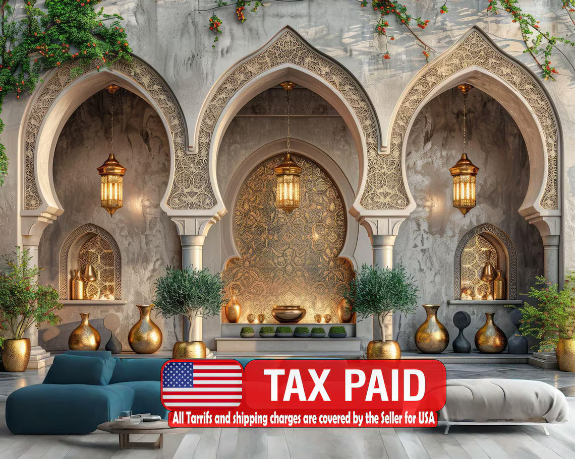 Decorative interior with arches and lighting fixtures, featuring a 'Tax Paid' banner.