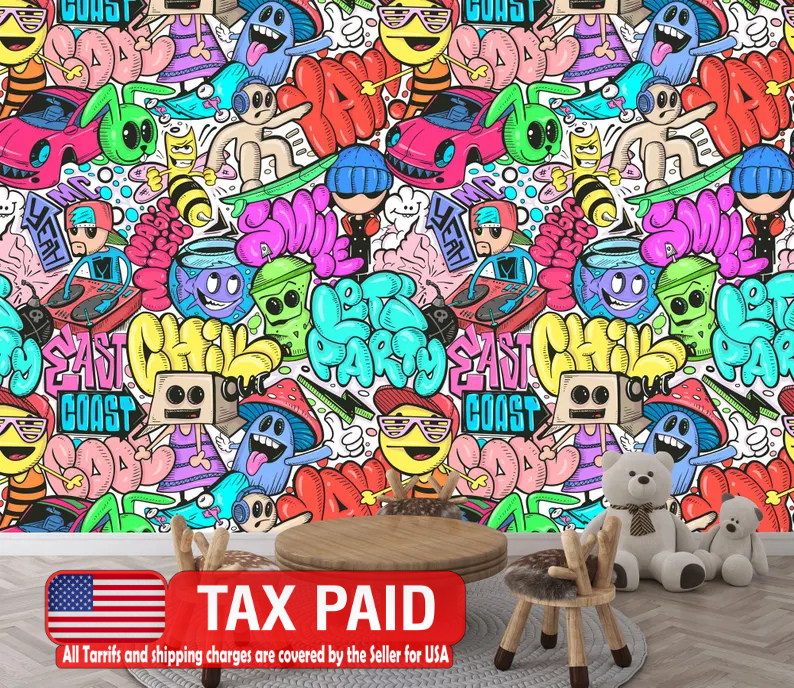 Doodle graffiti wall mural with colorful modern art designs