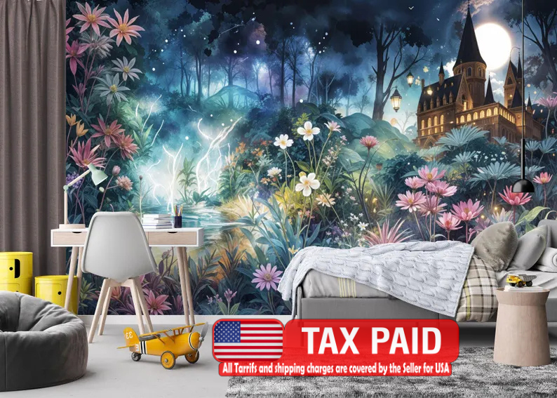 Watercolor forest wallpaper mural with soft green trees and misty atmosphere