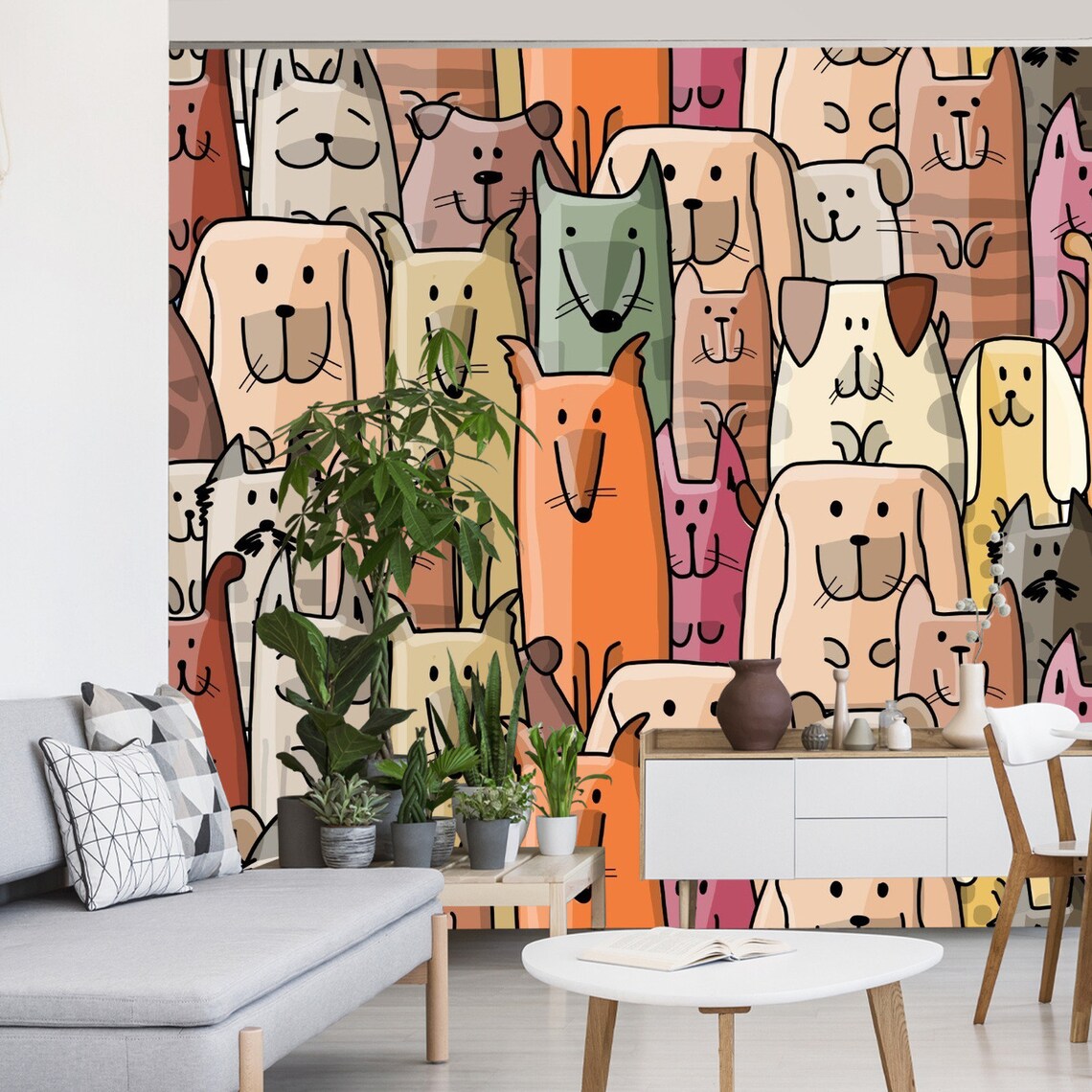 Whimsical dog wallpaper pattern with friendly cartoon puppies perfect for children's room decoration