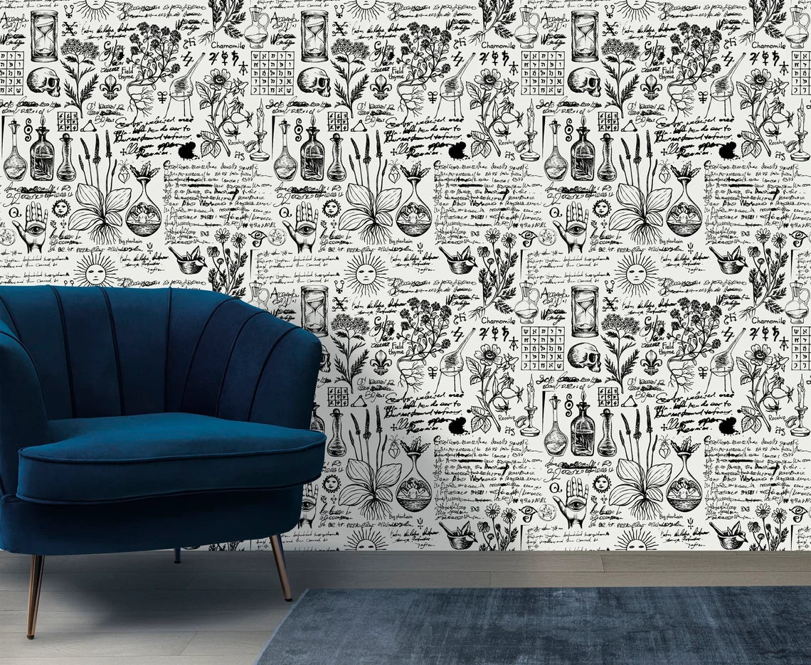 Vintage esoteric witchcraft illustration featuring alchemical symbols and mystical elements