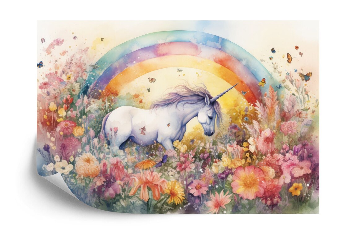 Artistic unicorn portrait in field of flowers with butterflies