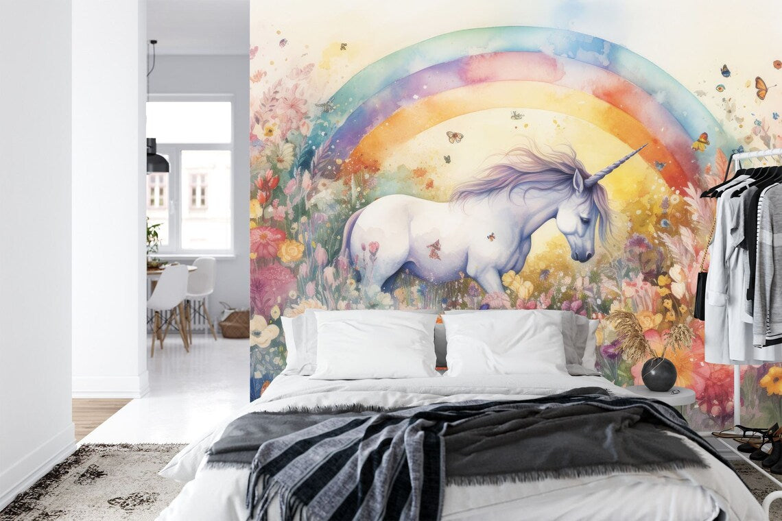 Close-up detail of unicorn artwork in flower field