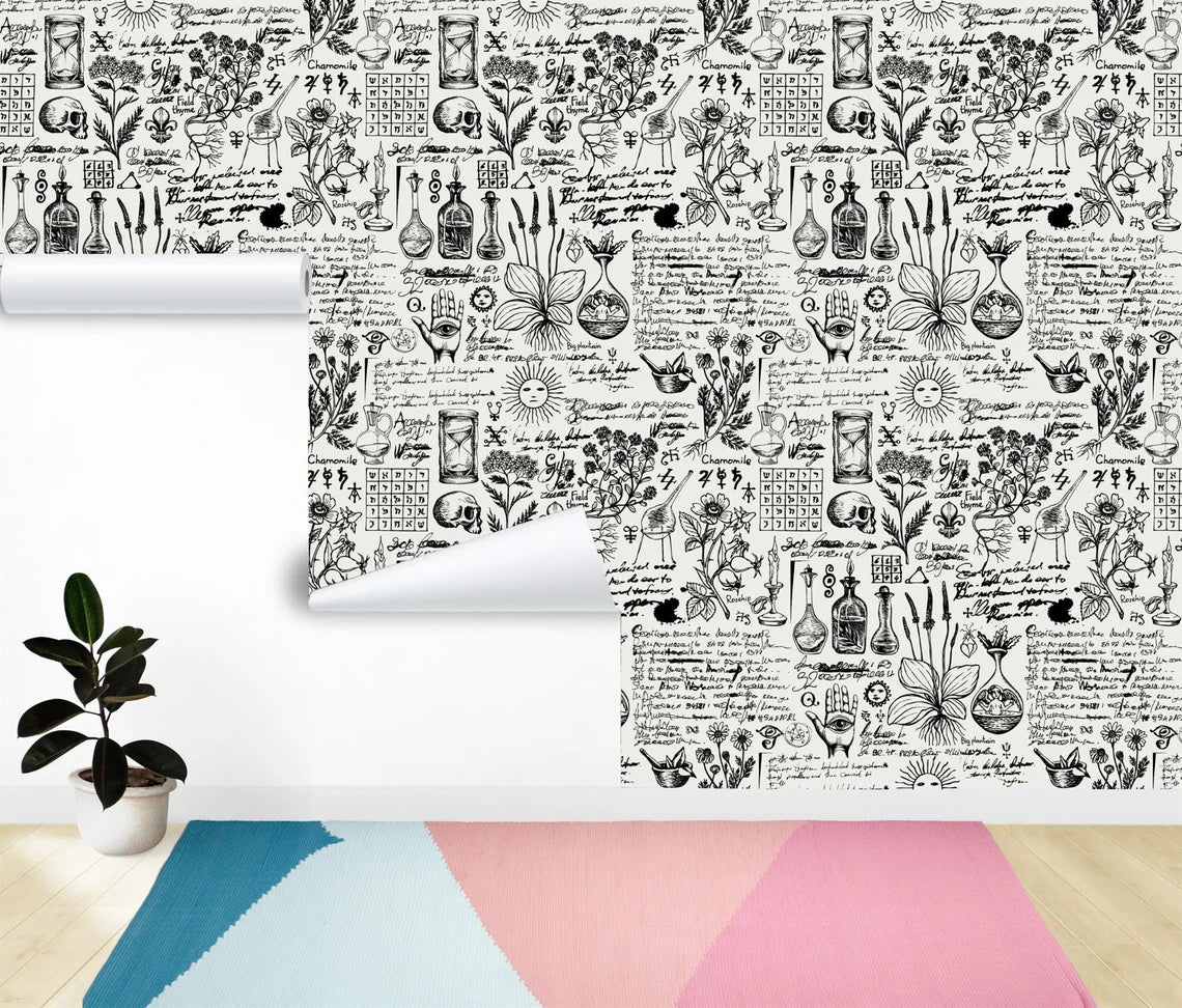 Vintage occult alchemy design with esoteric witchcraft symbolism