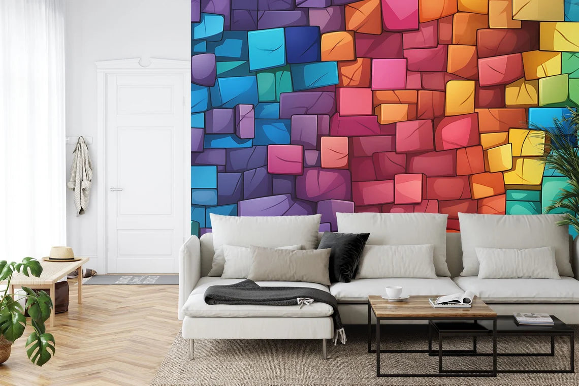 Vibrant building blocks wallpaper design with multicolored toy bricks