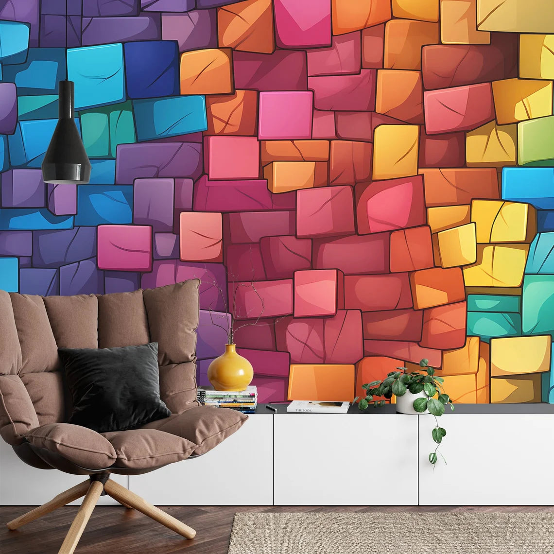 Gaming building blocks wallpaper with bright primary colors for kids