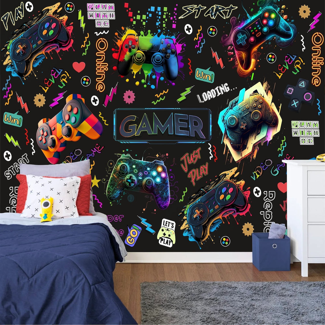 Gaming-themed wall mural with colorful controllers and text in a bedroom setting.