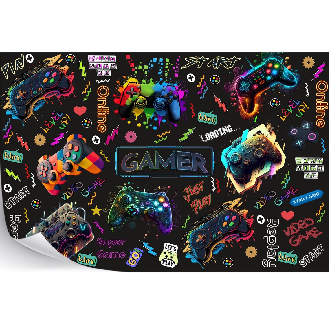 Gaming-themed decorative paper with colorful controllers and text on a black background