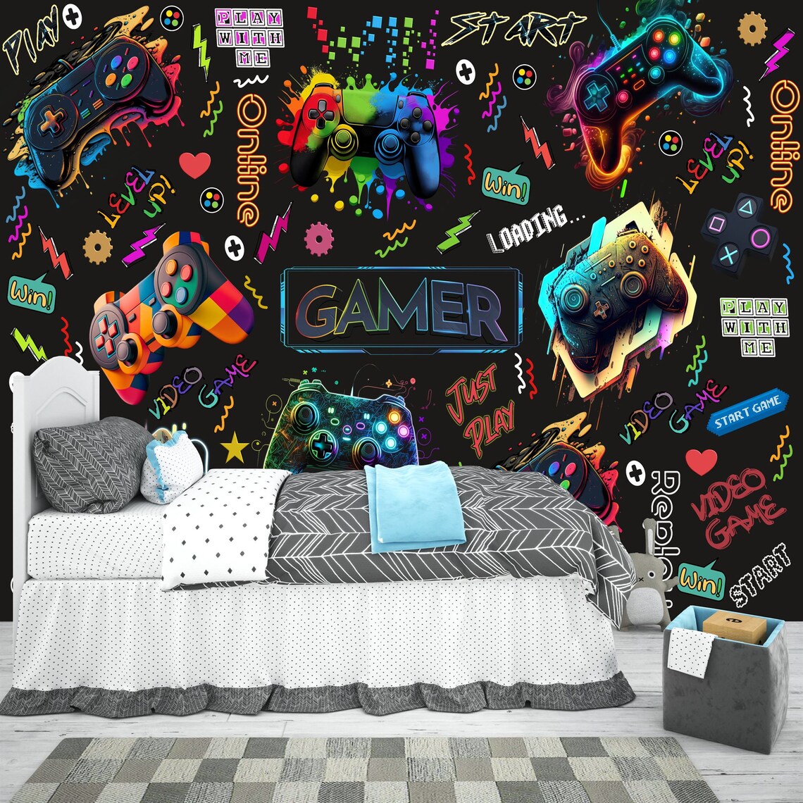 Gaming-themed room with colorful wall mural, bed, and gaming console controllers.