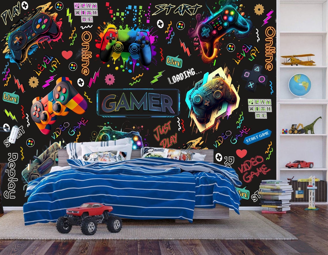 Children's room with a 'Gamer' themed wall mural and bed.