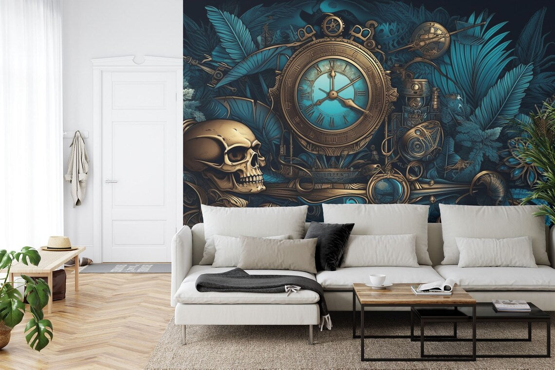 Steampunk Peony Skull Wall Mural