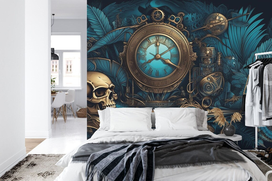 Steampunk Peony Skull Wall Mural