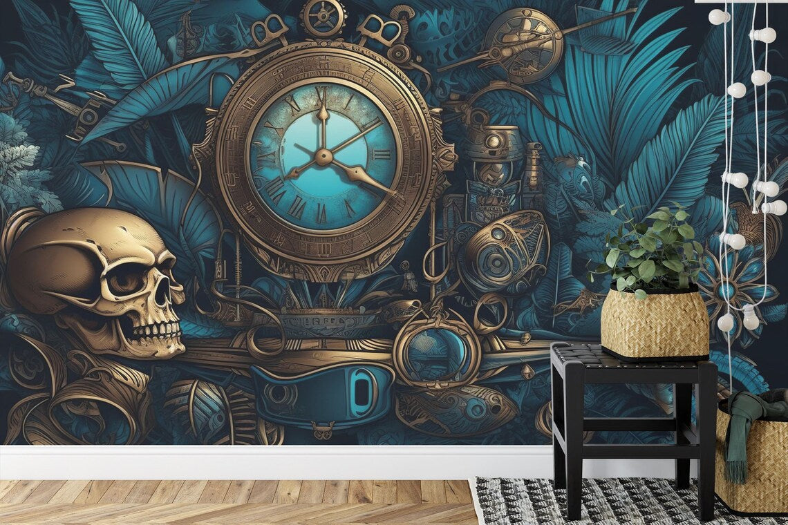 Steampunk Peony Skull Wall Mural