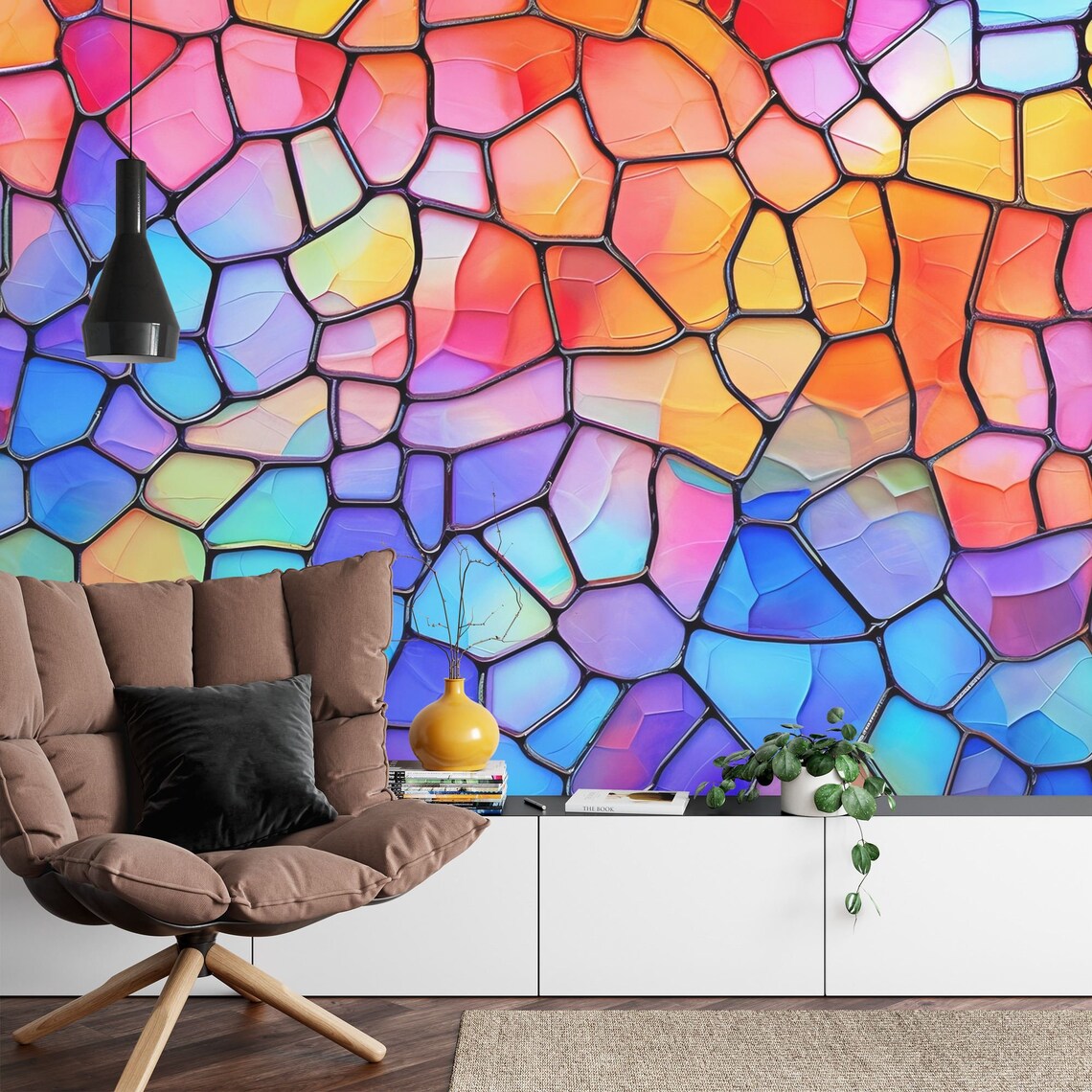 Lifestyle shot of stained glass window wallpaper in contemporary room setting with natural lighting