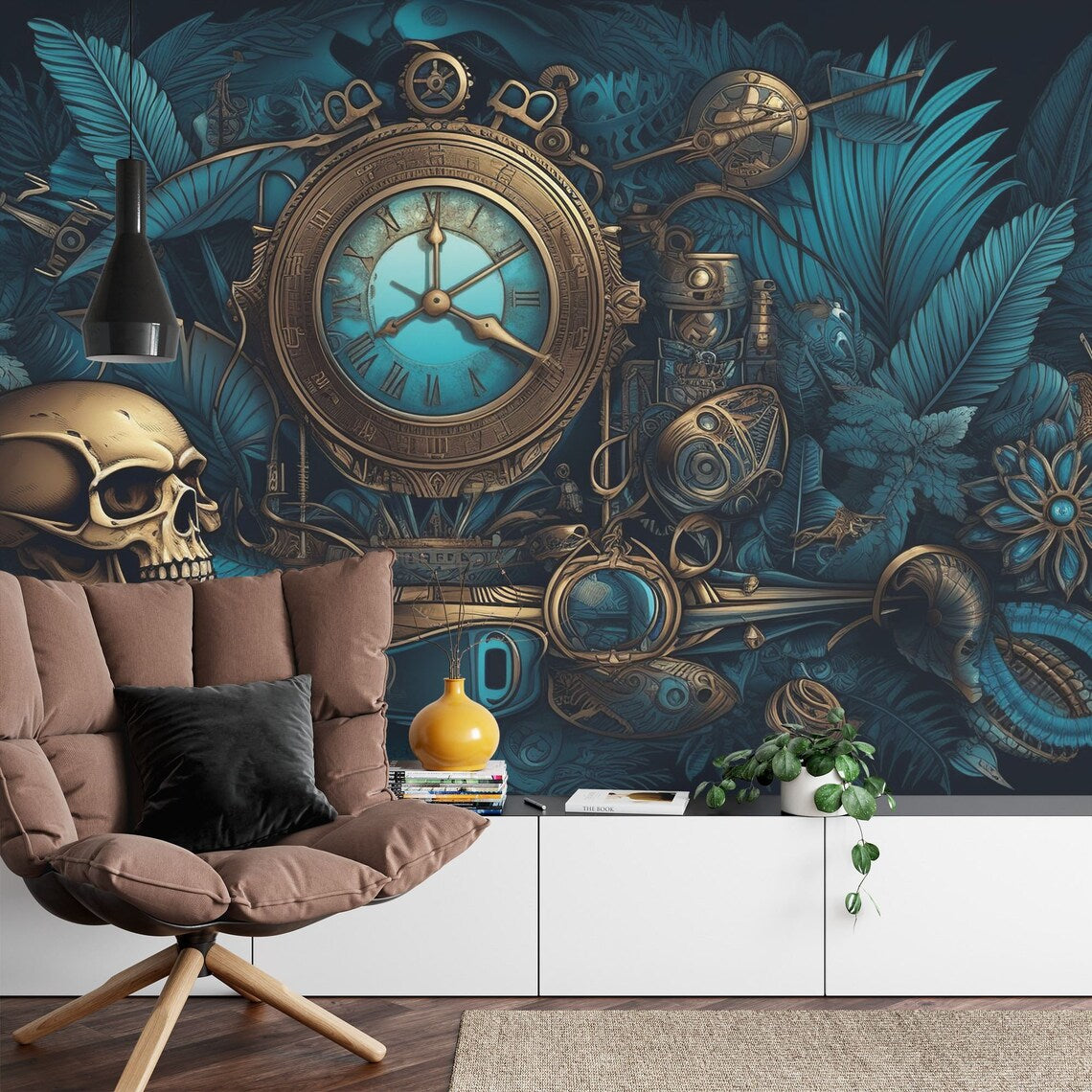 Steampunk Peony Skull Wall Mural