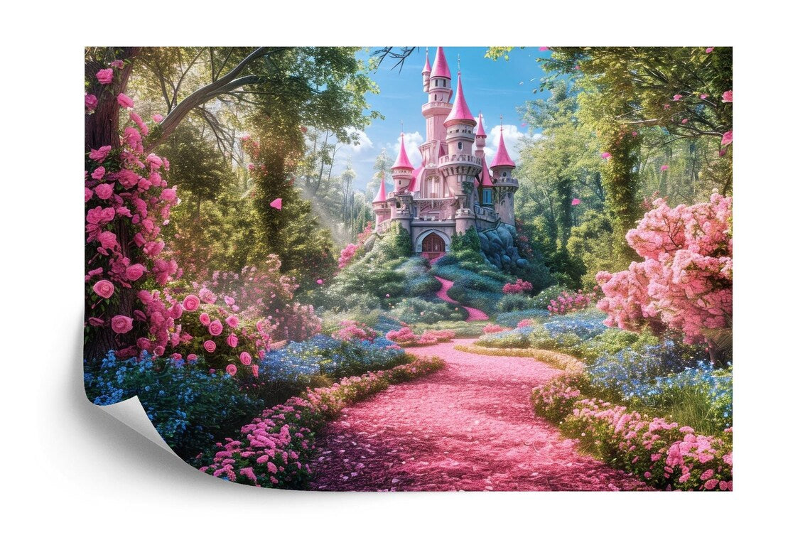 Magical fairy tale castle mural with pink towers and colorful flower meadow for kids room