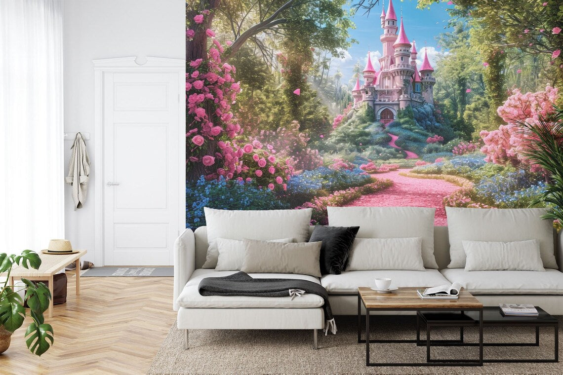 Enchanted pink fairy tale castle wall mural with blooming flower garden for girls room