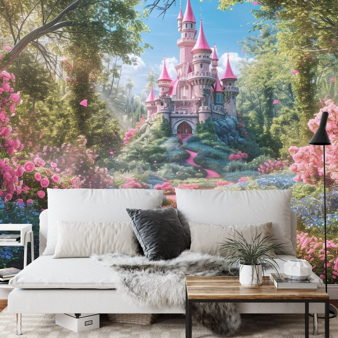 Dreamy pink castle wall art in blooming meadow for princess themed room decoration