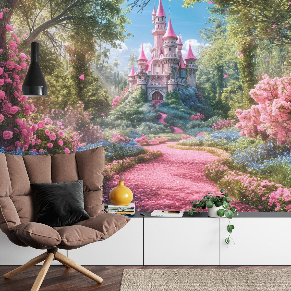 Fantasy pink castle wallpaper surrounded by beautiful flowers for girls nursery decor