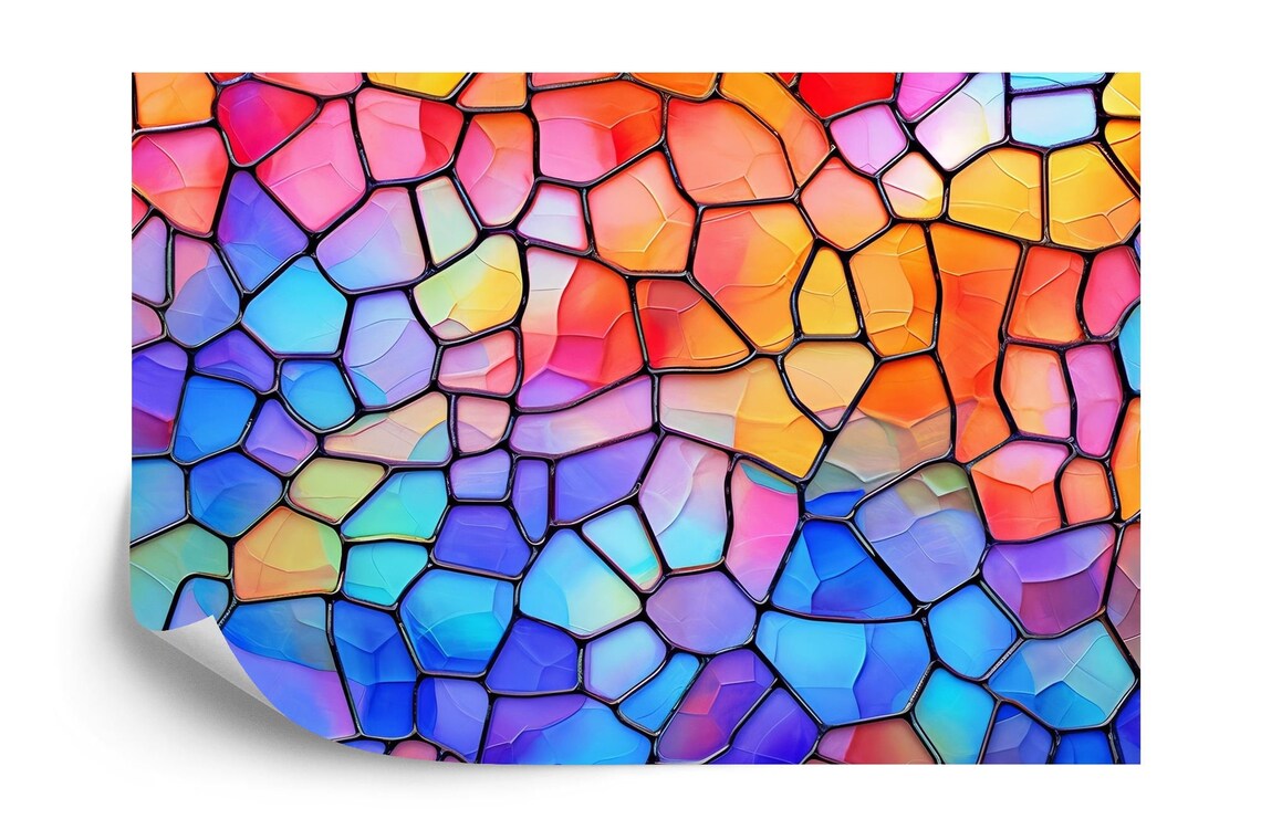 Detailed view of colorful abstract stained glass pattern with overlapping geometric shapes and vibrant hues