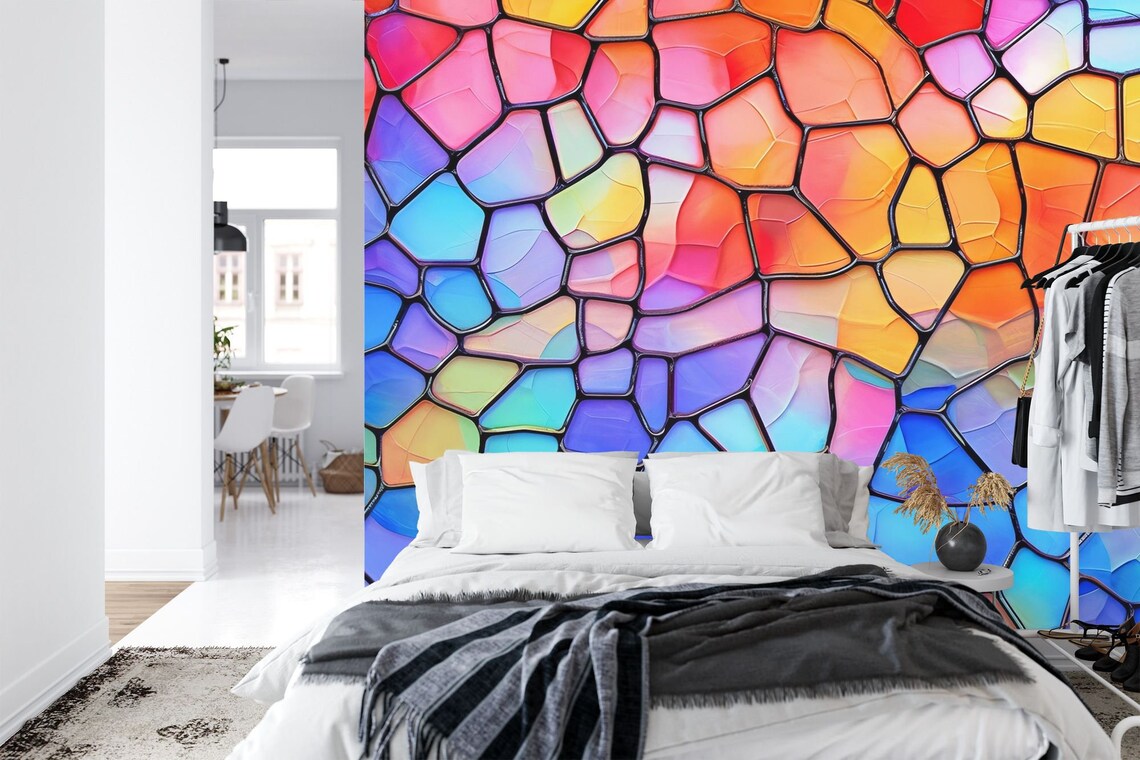 Close-up detail of stained glass wallpaper showing intricate mosaic pattern with jewel-toned colors