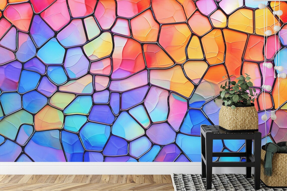 Full view of abstract stained glass wallpaper design featuring symmetrical geometric shapes in rainbow colors