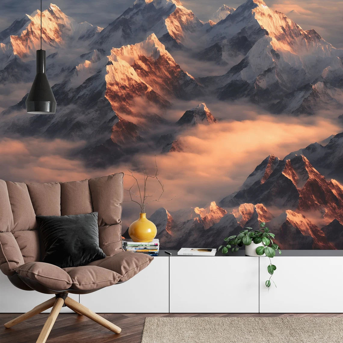 Himalayas View on Foggy Sunset Night Everest - foggy mountain peaks wall decor