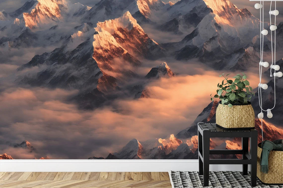Himalayas View on Foggy Sunset Night Everest - misty mountain range wall art