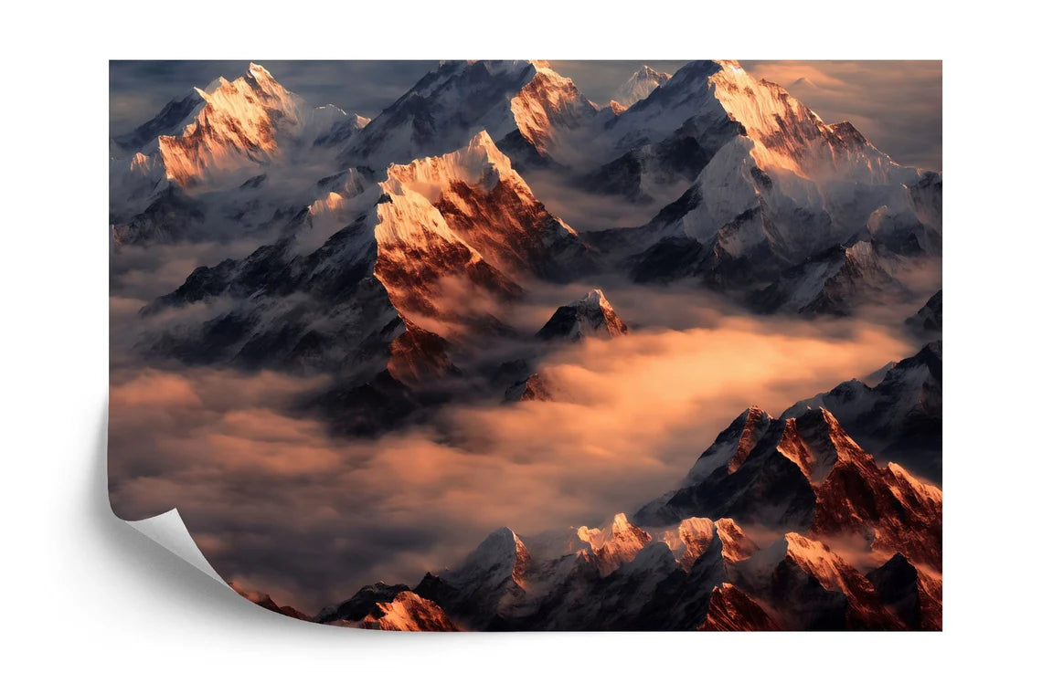 Himalayas View on Foggy Sunset Night Everest - serene Himalayan peaks at dusk wall mural