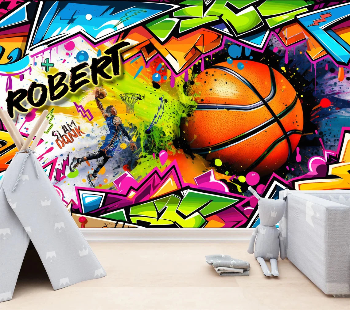 Urban basketball themed wall decoration for children's gaming and play room