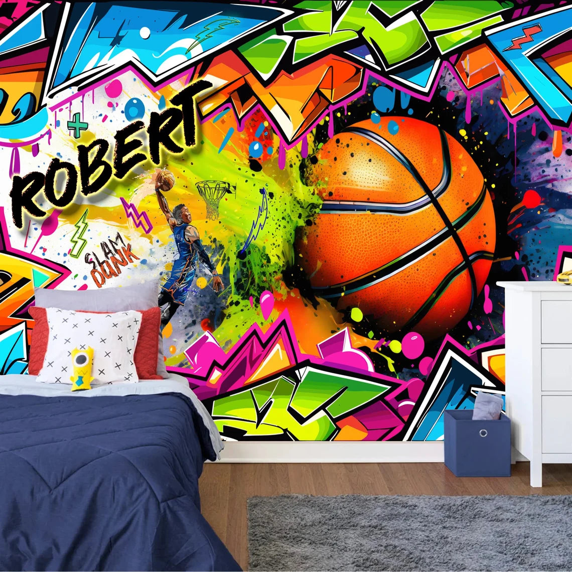 Street art style basketball wall mural for boys bedroom with graffiti elements
