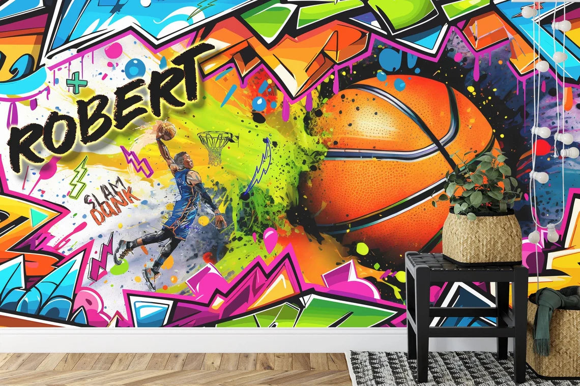 Basketball and gaming themed wall decor with graffiti style for boys play room