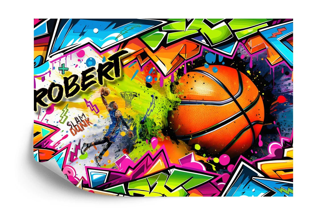 Kids room basketball wall art featuring bold graffiti design and sports imagery