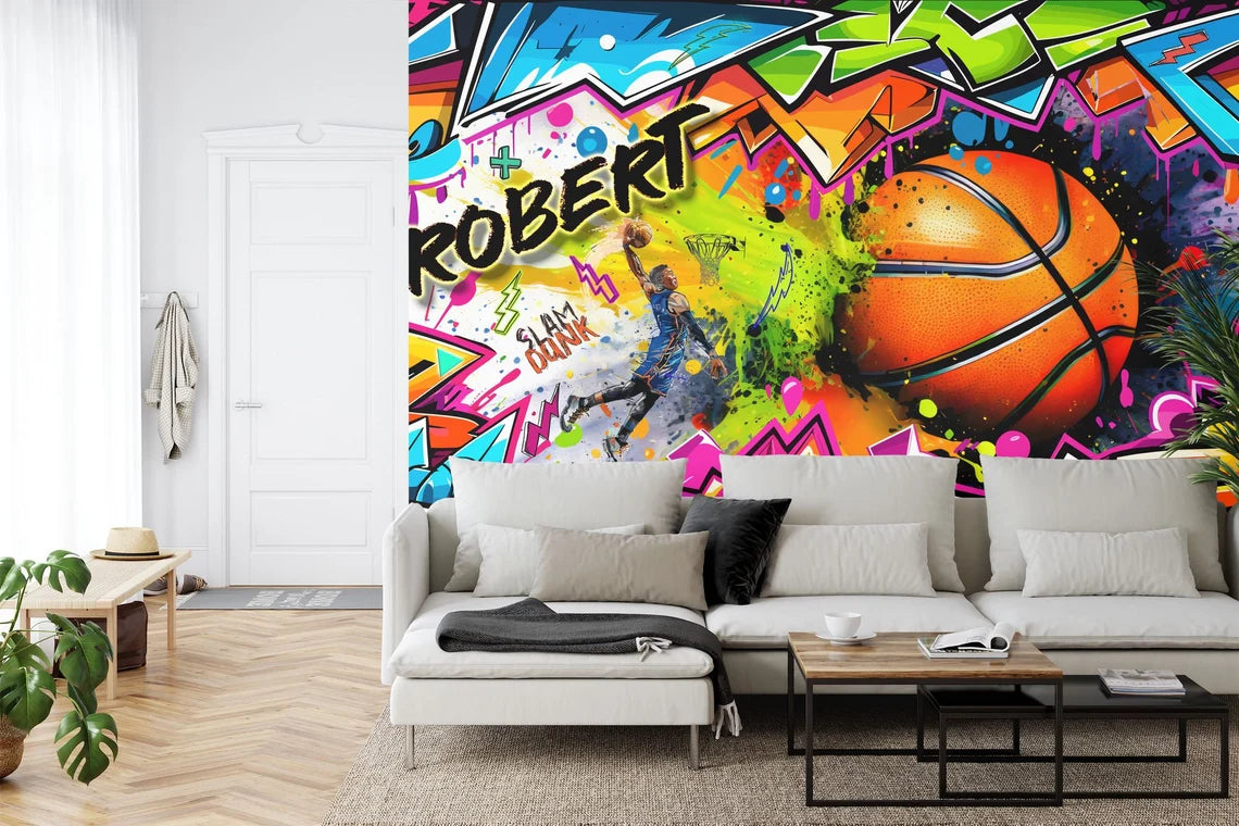 Boys room basketball wall art with colorful graffiti lettering and sports graphics