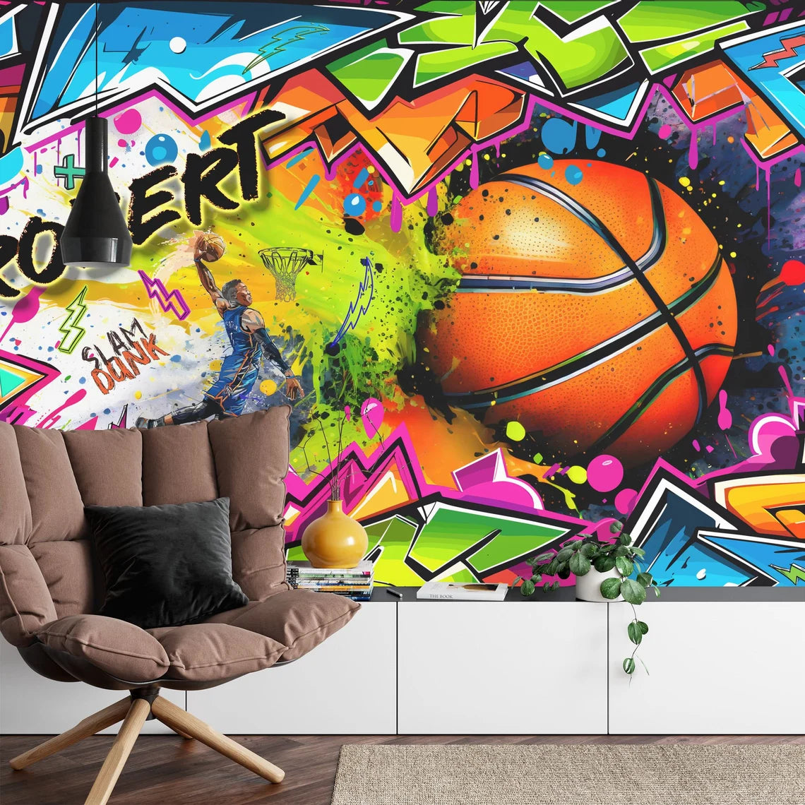 Gaming room wall decal featuring basketball and graffiti design for kids bedroom