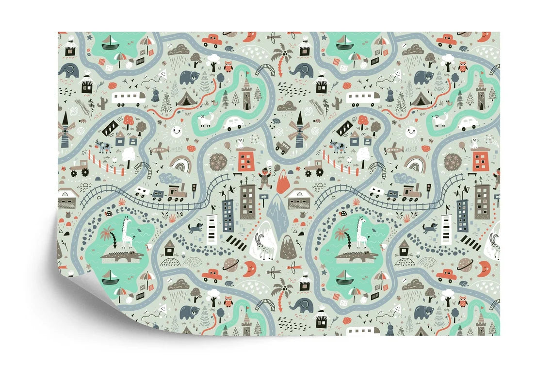 Fun cartoon cars and trains wall mural design for children's bedroom or nursery