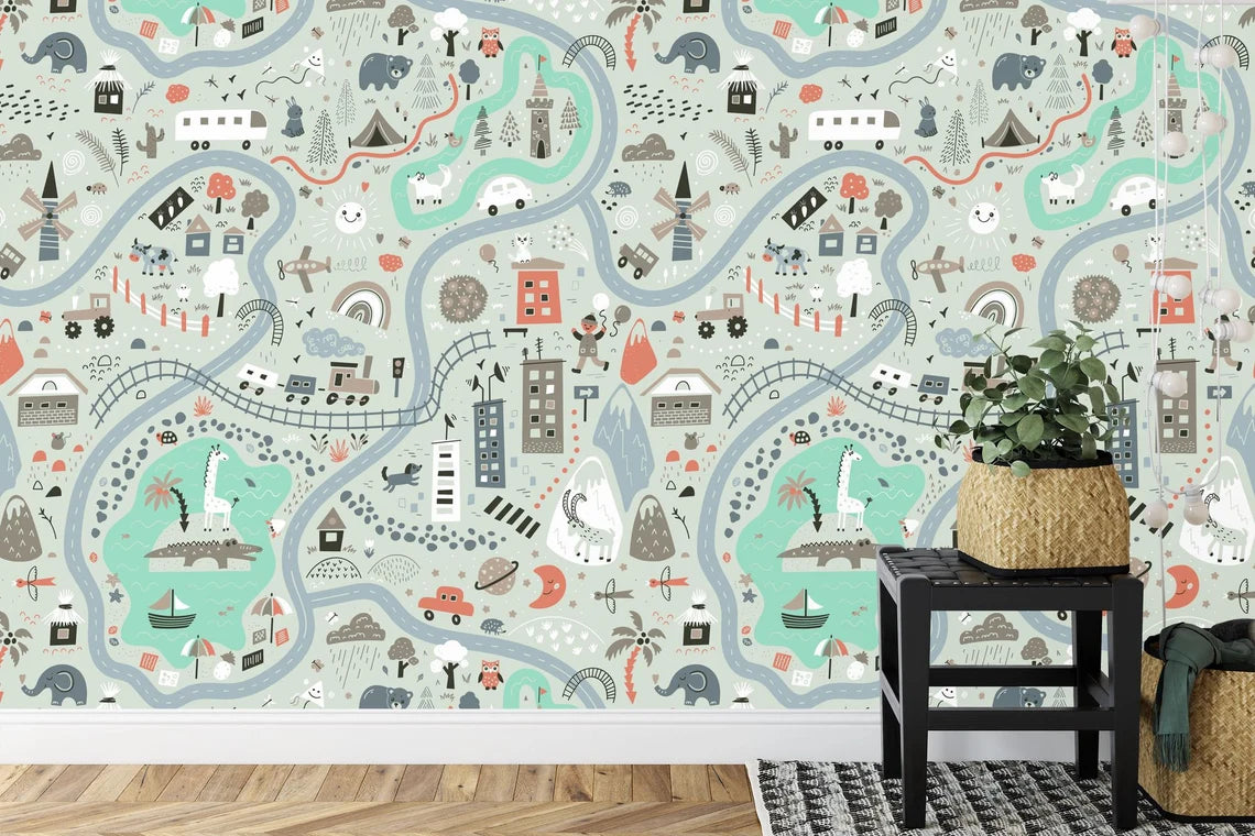 Children's room wall mural with cute cartoon cars, trains, and vehicles in vibrant colors