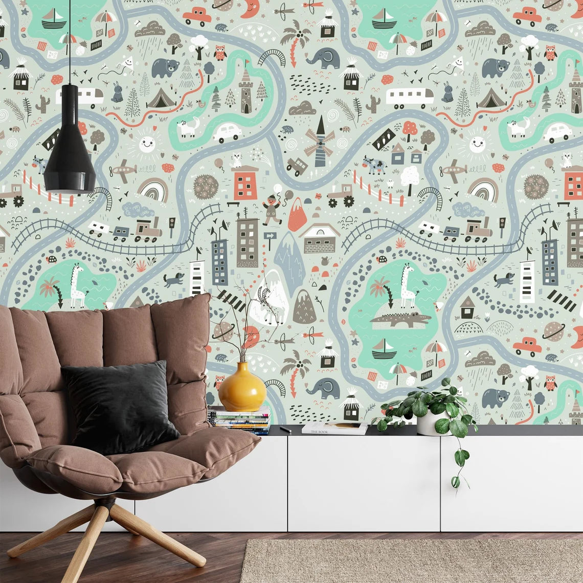 Bright and cheerful cartoon vehicles mural perfect for nursery or playroom decoration