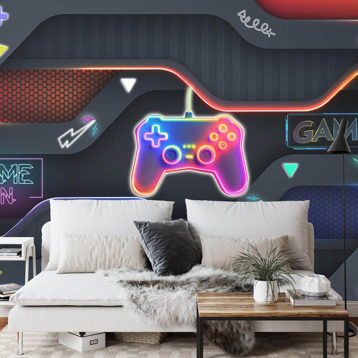 Gaming themed wallpaper mural with dynamic lighting effects and gaming equipment display