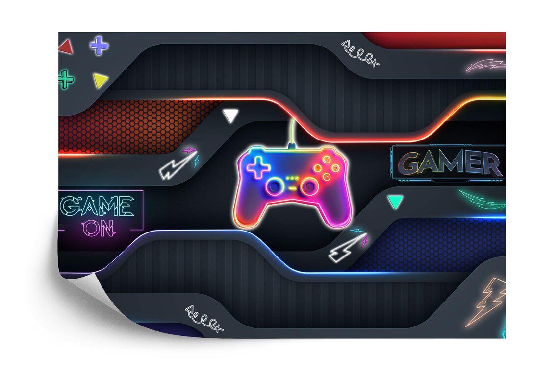 Gaming wallpaper mural with vibrant color scheme and modern gaming room aesthetic