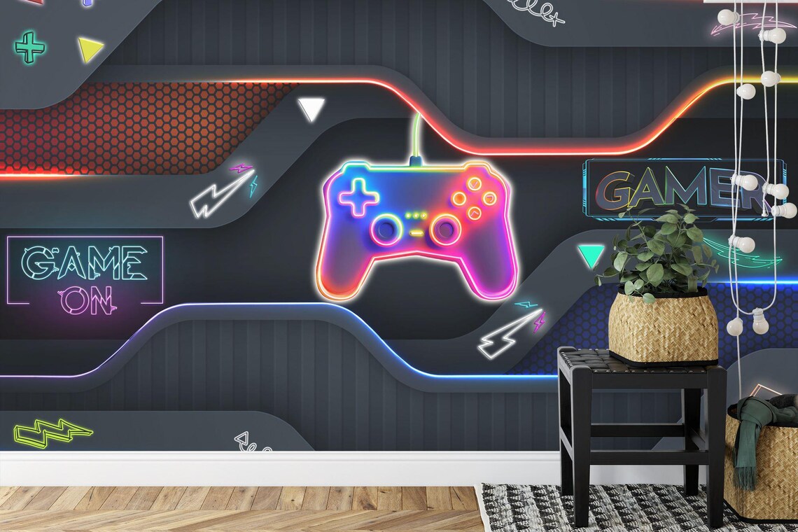 Gaming wallpaper mural showing immersive gaming environment with colorful LED lighting and gaming peripherals