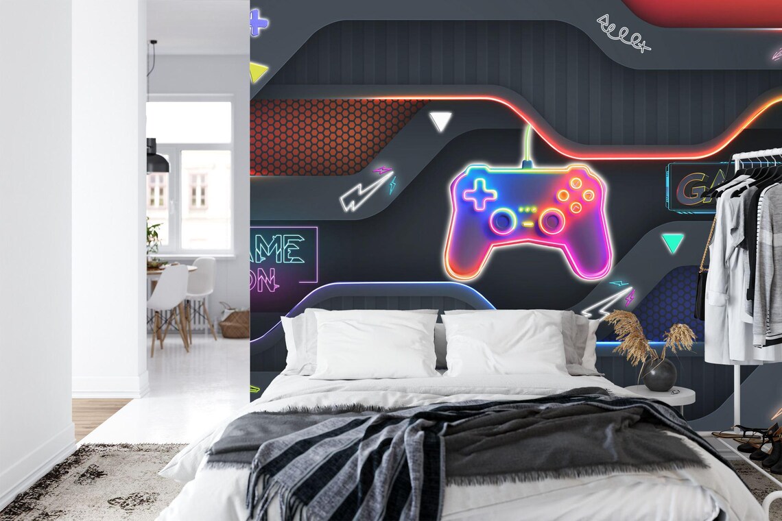 Gaming room mural design with atmospheric neon lighting and professional gaming station